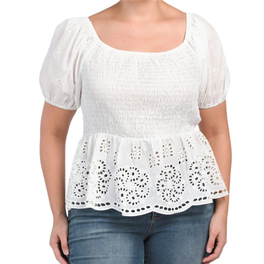 NWT ADIVA Plus Eyelet Peplum Hem Smocked Cotton Blouse Top